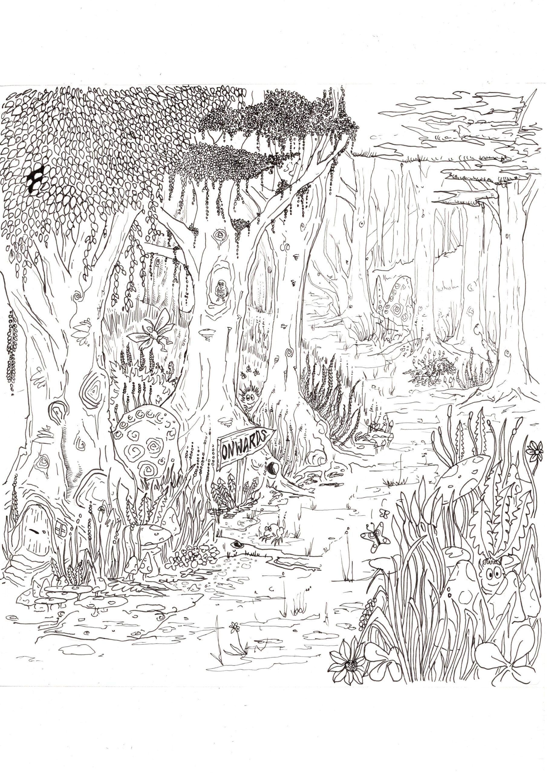A path in a forest, drawn in black and white.